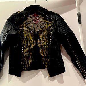 One of the kind, unique designer, leather jacket. Hand painted.